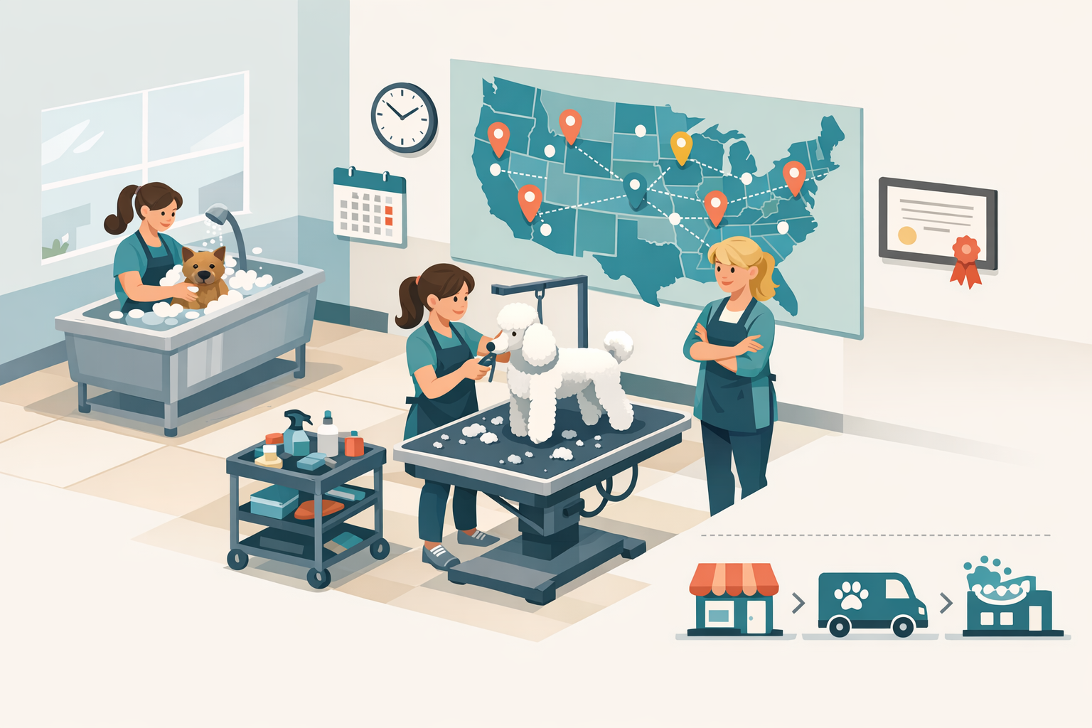 Modern dog grooming school classroom in the United States: a clean, spacious training studio with a central grooming table where a student trims a poo